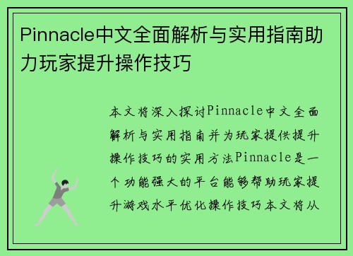 Pinnacle中文全面解析与实用指南助力玩家提升操作技巧